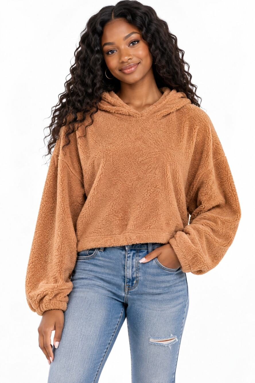 Flirtitude Juniors Large Tan Sherpa Fuzzy Cropped Pullover Hoodie NWOT
